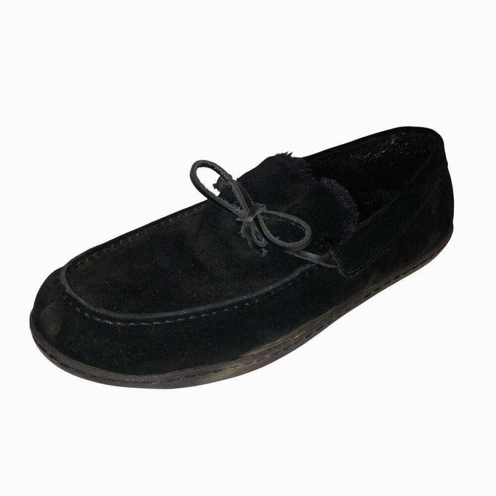 Vionic Adler Mens Size 13 Black Suede Faux Fur Lined Moccasin Slippers Shoes